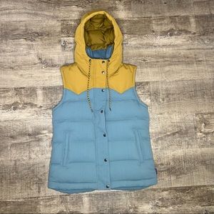 PATAGONIA BIVY PUFFER Button Snap Hooded Vest OUTDOOR Womens Medium Teal/Brown